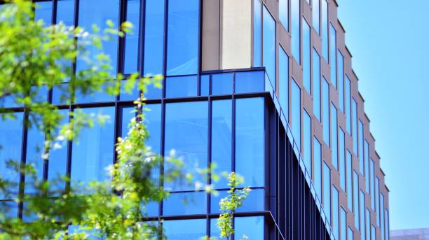 istock Eco architecture. Green tree and glass office building. 1336997436