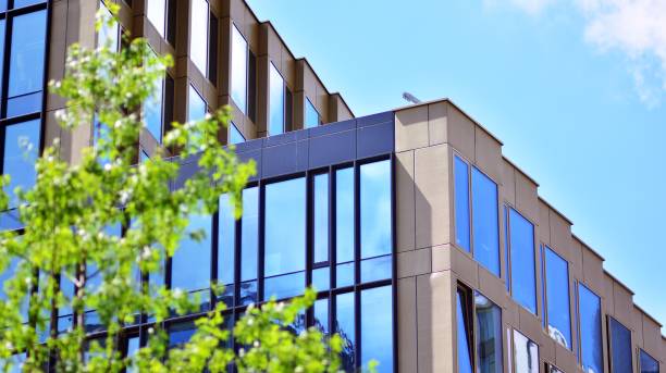 istock Eco architecture. Green tree and glass office building. 1336997459