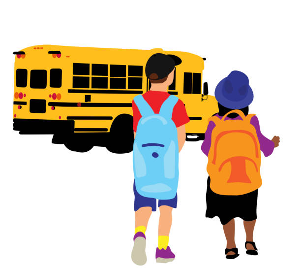 School Bus Kids Two kids on their way to board the school bus school bus stop stock illustrations