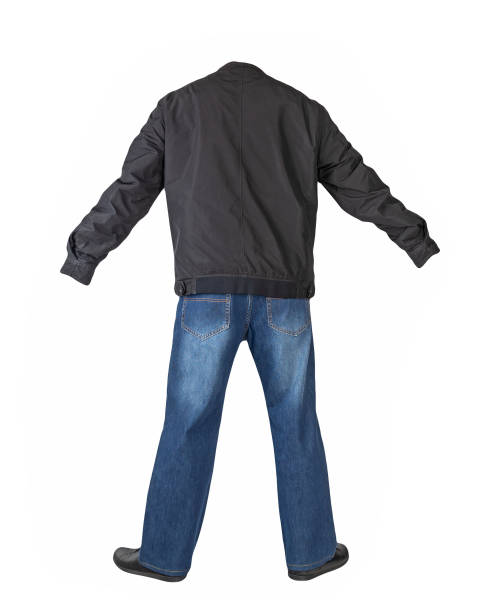 istock dark blue jeans, black leather shoes, jacket isolated on white background. 1337001222