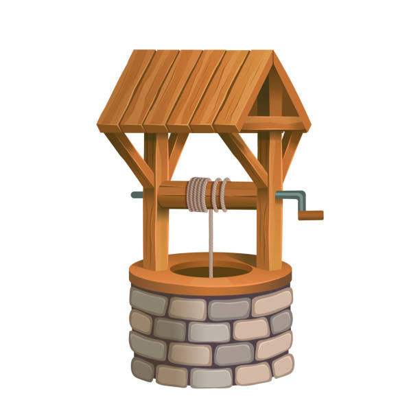 Old village stone well with wooden roof. Cartoon vector isolated on white background Old village stone well with wooden roof. Cartoon vector isolated on white background old water well drawing stock illustrations