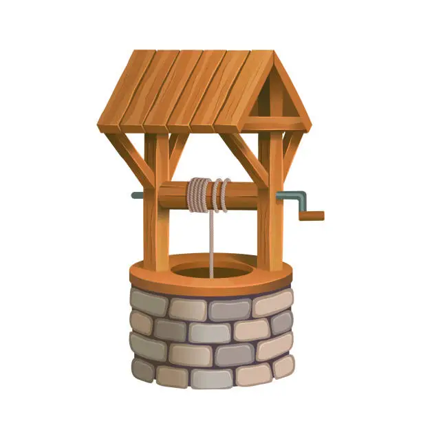 Vector illustration of Old village stone well with wooden roof. Cartoon vector isolated on white background