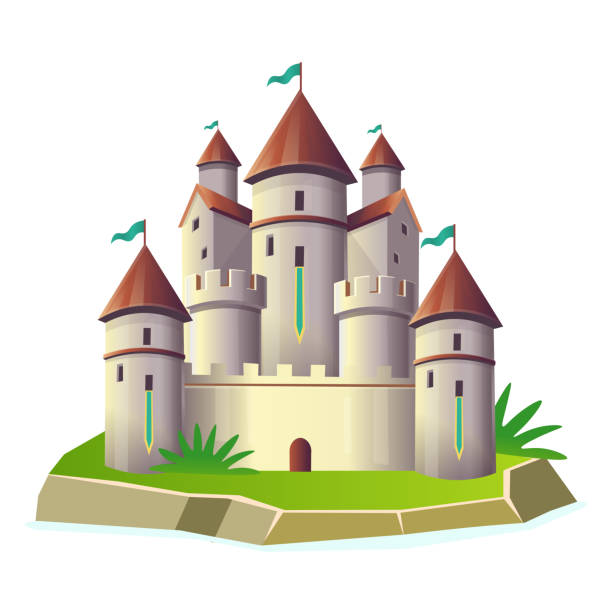 섬에 타워와 판타지 성. - castle fairy tale palace forest stock illustrations