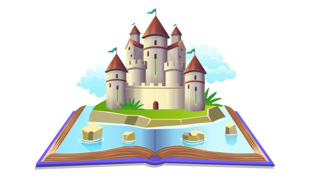 istock Open book with fairy castle and clouds. Vector illustration in cartoon style for kids. The concept of a children's playroom, birthday, kids club, kindergarten, school. 1337002315