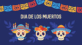 istock Day of the dead Dia de los Muertos holiday banner design with cute skull set. Childish print for greeting card, poster and party invitations 1337005139