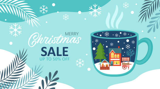 Merry Christmas background template for social media, banner or poster design. Country village landscape in coffee cup creative concept. Merry Christmas background template for social media, banner or poster design. Country village landscape in coffee cup creative concept. holiday sale stock illustrations