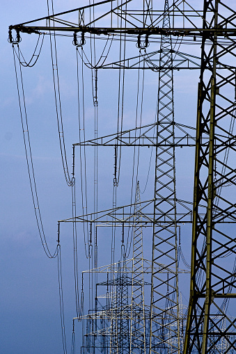 Electricity pylons stand in a row