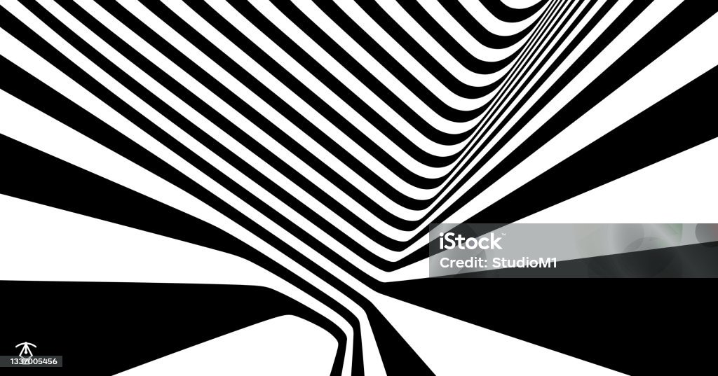 Геометрический фон полосами. Черно-белый современный узор с оптической иллюзией. 3d векторная иллюстрация для брошюры, годового отчета, жур� - Векторная графика Узор роялти-фри
