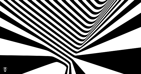 The geometric background by stripes. Black and white modern pattern with optical illusion. 3d vector illustration for brochure, annual report, magazine, poster, presentation, flyer or banner.