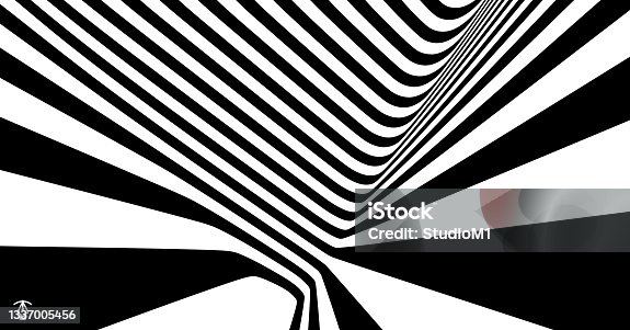 istock The geometric background by stripes. Black and white modern pattern with optical illusion. 3d vector illustration for brochure, annual report, magazine, poster, presentation, flyer or banner. 1337005456