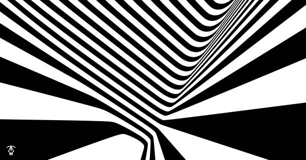 The geometric background by stripes. Black and white modern pattern with optical illusion. 3d vector illustration for brochure, annual report, magazine, poster, presentation, flyer or banner. The geometric background by stripes. Black and white modern pattern with optical illusion. 3d vector illustration for brochure, annual report, magazine, poster, presentation, flyer or banner. geometric stock illustrations