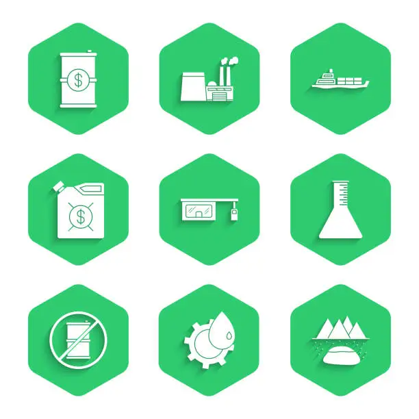 Vector illustration of Set Gas filling station, Oil industrial factory building, Oilfield, petrol test tube, No barrel for gasoline, Canister motor machine oil, tanker ship and Barrel with dollar icon. Vector