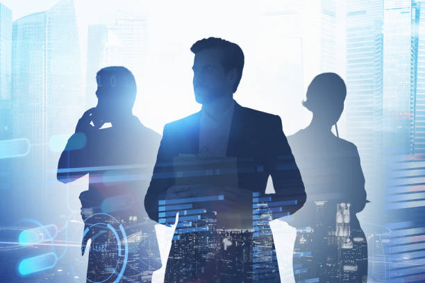 istock Three business people in city and big data sketch 1337006543