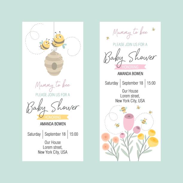 Set of invitations to a Baby Shower with a cute bee. Flat style, summer background with an inscription. Vector illustration. Set of invitations to a Baby Shower with a cute bee. Flat style, summer background with an inscription. Vector illustration. baby shower stock illustrations