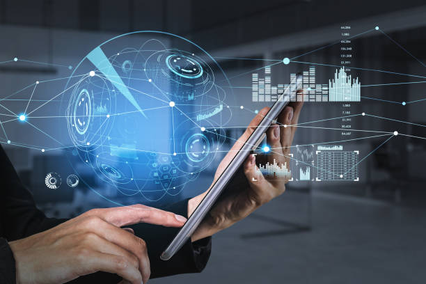 istock Tablet device in hands, businessman browse the Internet. HUDs with digital interface, information security and range of graphs and charts. Concept of successful manager and technologies in business 1337007257