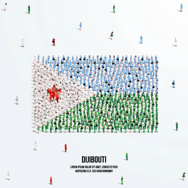 Vector illustration of Djibouti Flag. A large group of people form to create the shape of the Djibouti flag. Vector Illustration.