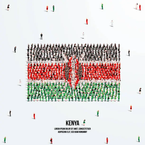 Vector illustration of Kenya Flag. A large group of people form to create the shape of the Kenyan flag. Vector Illustration.