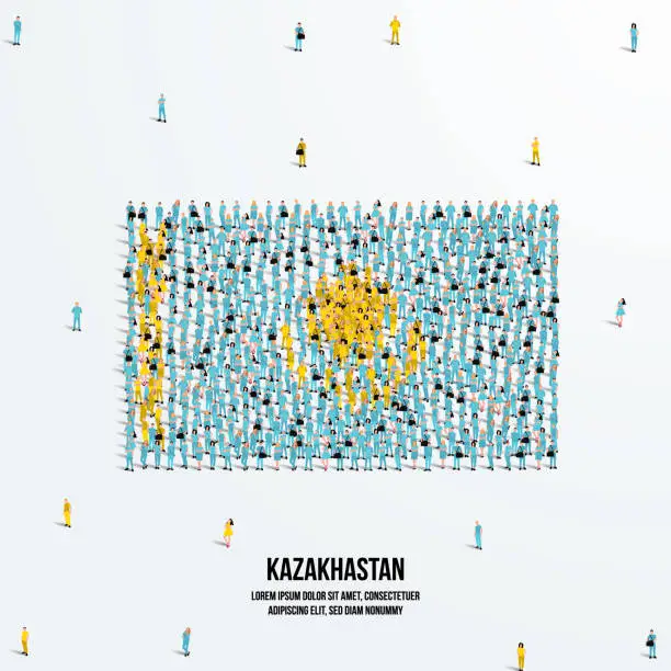 Vector illustration of Kazakhstan Flag. A large group of people form to create the shape of the Kazakhstan flag. Vector Illustration.