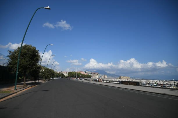 An empty street on the Naples waterfront in August, Italy.