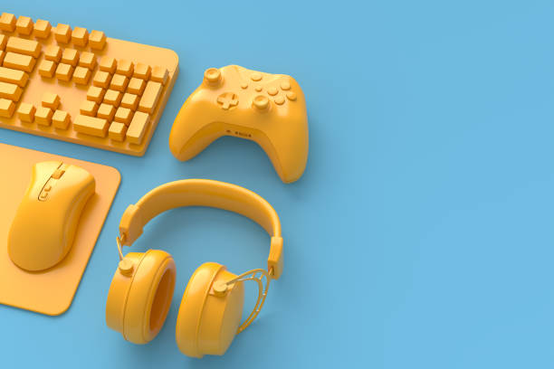 istock Flying gamer gears like mouse, keyboard, joystick, headset, VR, microphone 1337008579