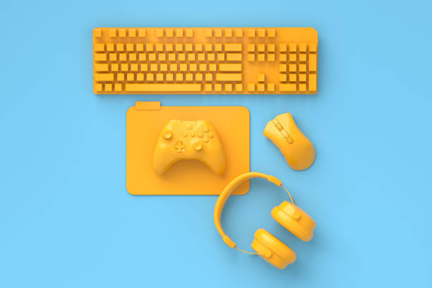 istock Flying gamer gears like mouse, keyboard, joystick, headset, VR, microphone 1337008584