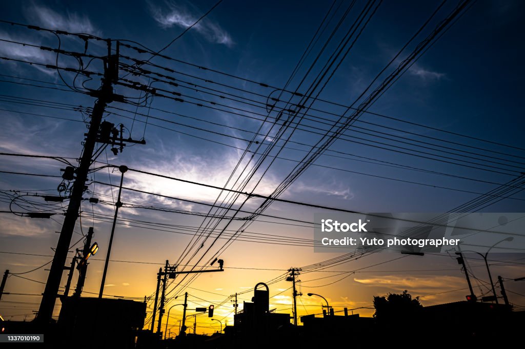 dark night town with electric wire in hokkaido kitamicity Japan Stock Photo