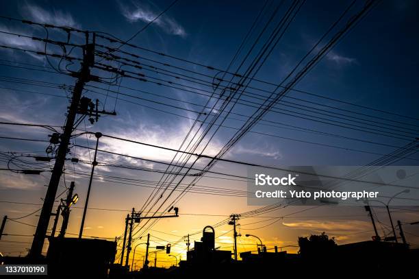 Dark Night Town With Electric Wire Stock Photo - Download Image Now - Japan, Power Line, Telephone Pole