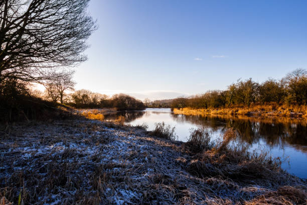 uma cena de inverno no rio dee no castelo threave, com neve e geada no chão, em um dia ensolarado de inverno, dumfries e galloway, escócia - river annan - fotografias e filmes do acervo