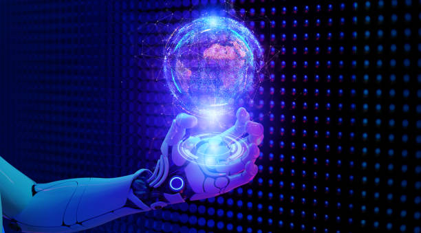 istock Digital marketing future smart world technology futuristic 3D robot hand on digital world cyber background. Modern big data business digital marketing strategy internet and online based technology 1337011011