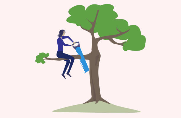 A women is sawing off the branch he is sitting. A women is sawing off the branch he is sitting. sabotage stock illustrations