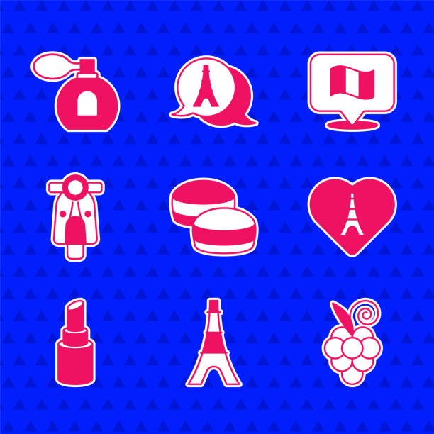 Set Macaron cookie, Eiffel tower, Grape fruit, with heart, Lipstick, Scooter, Flag France and Perfume icon. Vector Set Macaron cookie Eiffel tower Grape fruit with heart Lipstick Scooter Flag France and Perfume icon. Vector. paris red lips stock illustrations