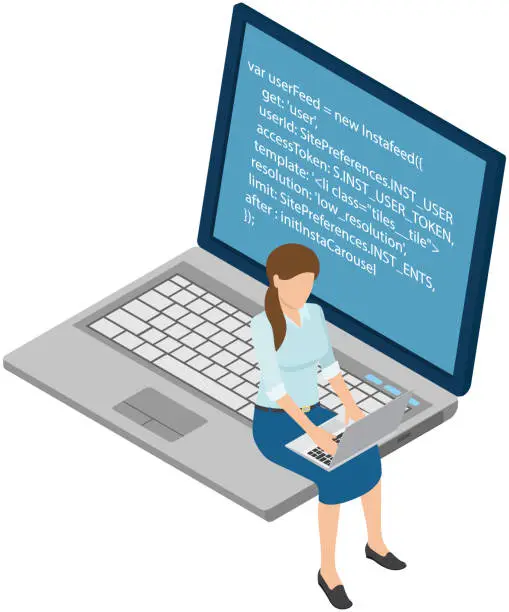 Vector illustration of Woman looking at laptop screen with program code. Programmer coding new project on laptop