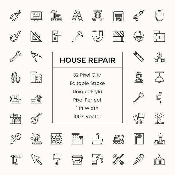 ilustraciones, imágenes clip art, dibujos animados e iconos de stock de iconos de línea de reparación de casas - interface icons hammer home interior house