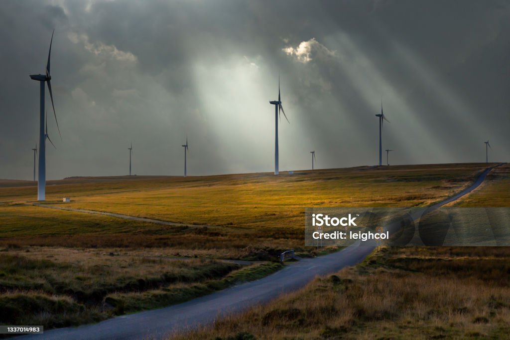 Wind turbines in South Wales Mynydd y Betws Wind Farm on the common land to the east of Ammanford in Carmarthenshire, Wales, UK Wind Turbine Stock Photo
