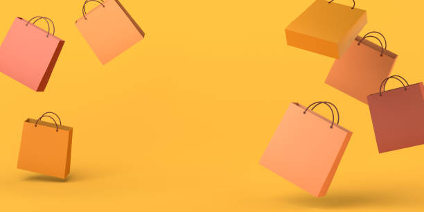 黄色の背景に浮かぶショッピングバッグ。3d イラストレーション。スペースをコピーします。季節の秋のショッピング。販売または割引のバナー。 - shopping bag orange bag handle ストックフォトと画像