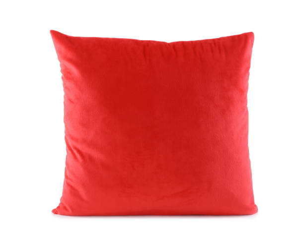 novo travesseiro vermelho macio isolado em branco - pillow cushion red textile - fotografias e filmes do acervo