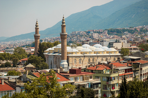 Grand Mosque (Ulucami), Uludag and Bursa city landscape in Turkey.