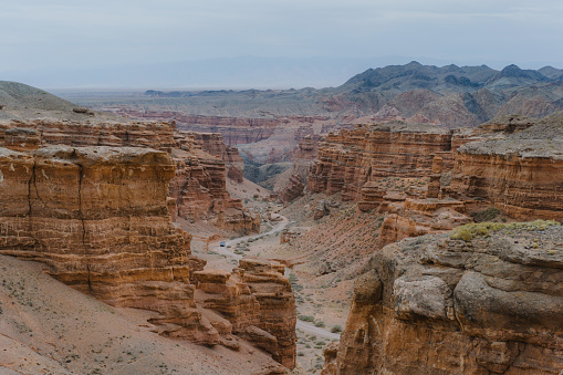 Scenic view of deserted canyon in Kazakhstan at sunset