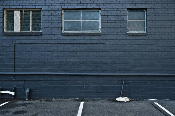 rue et mur gris avec fenêtres parking - wall graffiti parking lot street photos et images de collection