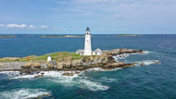 Boston Light Lighthouse Aerial photo of Boston Light beacon photos stock pictures, royalty-free photos & images
