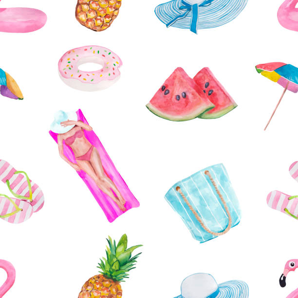 ilustrações de stock, clip art, desenhos animados e ícones de seamless pattern with cute summer vacation objects food, drinks, fruits, flamingos and girl . collection of isolated watercolor elements. vector - food and drink fruit cartoon illustration and painting