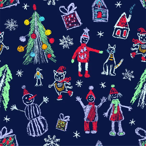 Vector illustration of Hand drawn Christmas seamless pattern. Tree, kid, present, house, snowman, snow.
