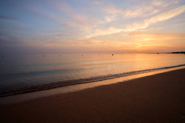 istock Calm sea shore with crushing waves on sandy beach at sunrise. 1337038841