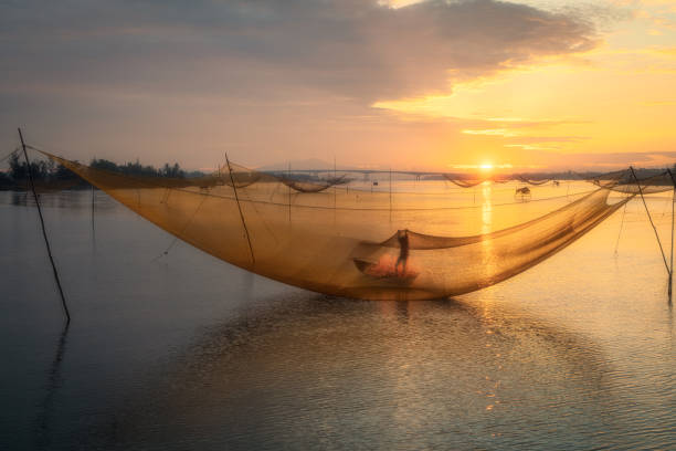 Fishing trap on Cua Dai river (Thu Bon river) in sunset - Hoi An ancient town, Quang Nam Da Nang province, central Vietnam