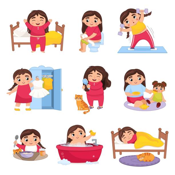 Vector illustration daily activities routine. Vector illustration daily activities routine. Cute little cartoon girl doing daily chores."n kids cleaning up toys stock illustrations