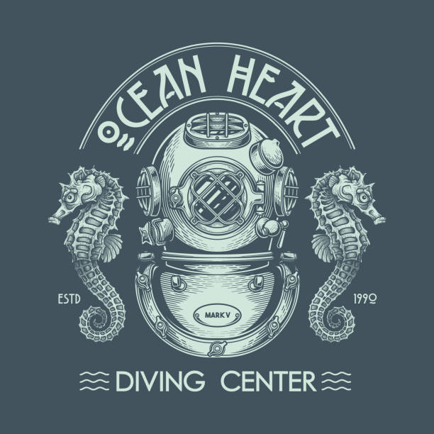 "Ocean heart. Diving center" - poster design. Monochromatic vector illustration in engraving technique of "Mark V" vintage diving helmet, sea horses and lettering. vintage sailor stock illustrations