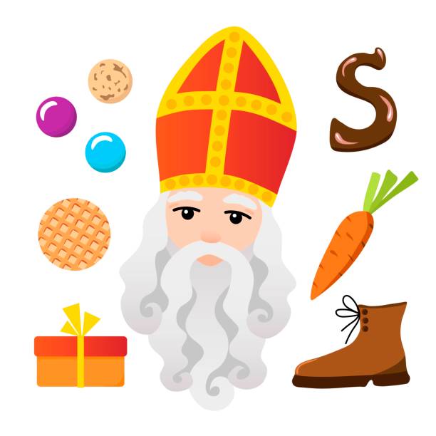 stockillustraties, clipart, cartoons en iconen met bright color vector set for decoration. saint nicholas day, traditional belgian, dutch holiday. sinterklaas with a gray beard, red miter, shoes, carrot, sweets, chocolate letter, gift, cookies. - sinterklaas mijter