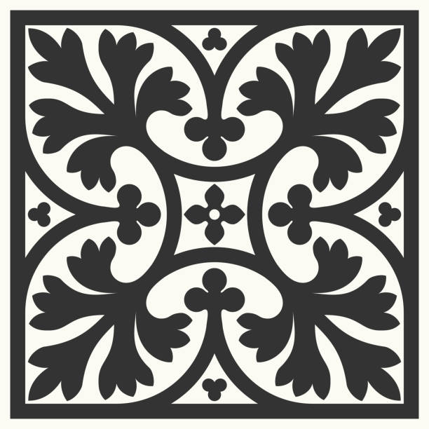 Portuguese floor ceramic tiles azulejo design, mediterranean pattern black and white vector art illustration