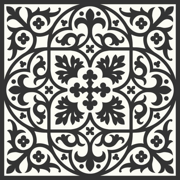 Portuguese floor ceramic tiles azulejo design, mediterranean pattern black and white vector art illustration