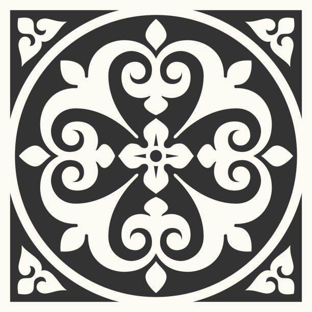 illustrazioni stock, clip art, cartoni animati e icone di tendenza di piastrelle in ceramica portoghese per pavimenti azulejo design, motivo mediterraneo in bianco e nero - 19th century style textured ornate backgrounds